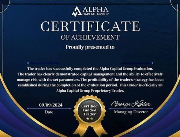 Alpha Capital Group certificate of achievement for a completed evaluation