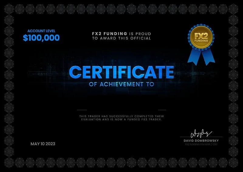 FX2 Funding certificate of achievement for a passed 100,000 dollar prop firm evaluation
