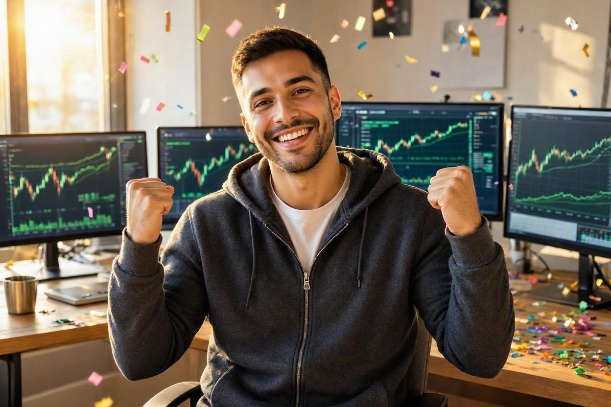 Funded trader celebrating in front of trading monitors showing profit charts - ElitePropX prop firm passing results