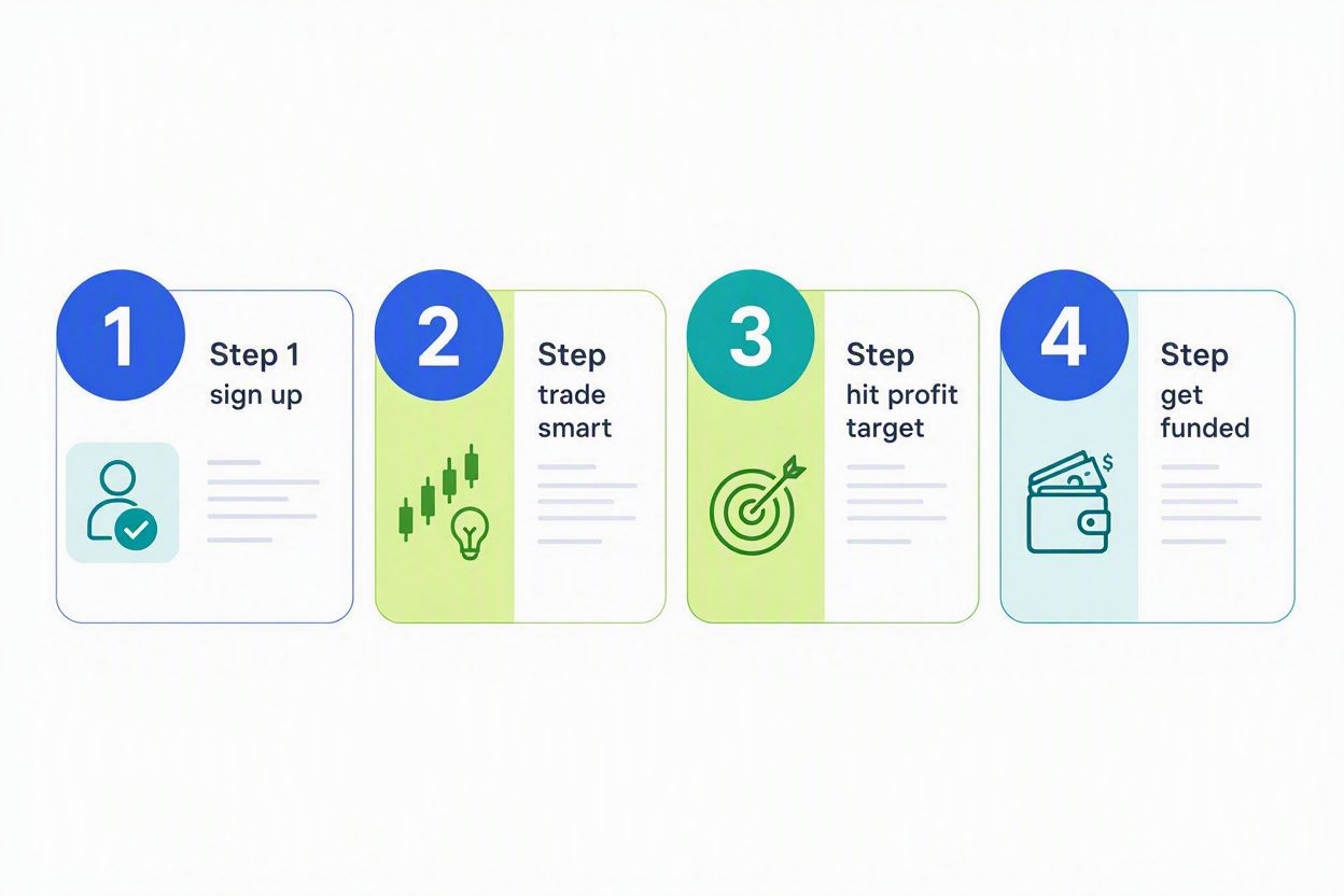 Step by step infographic showing how to pass a prop firm trading challenge - sign up, trade smart, hit profit target, get funded