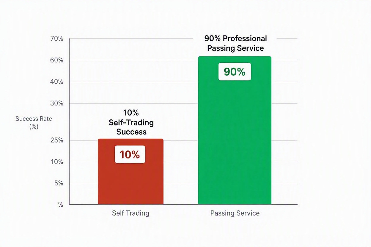 Success rates comparison chart showing 10% self trading success vs 90% professional passing service success