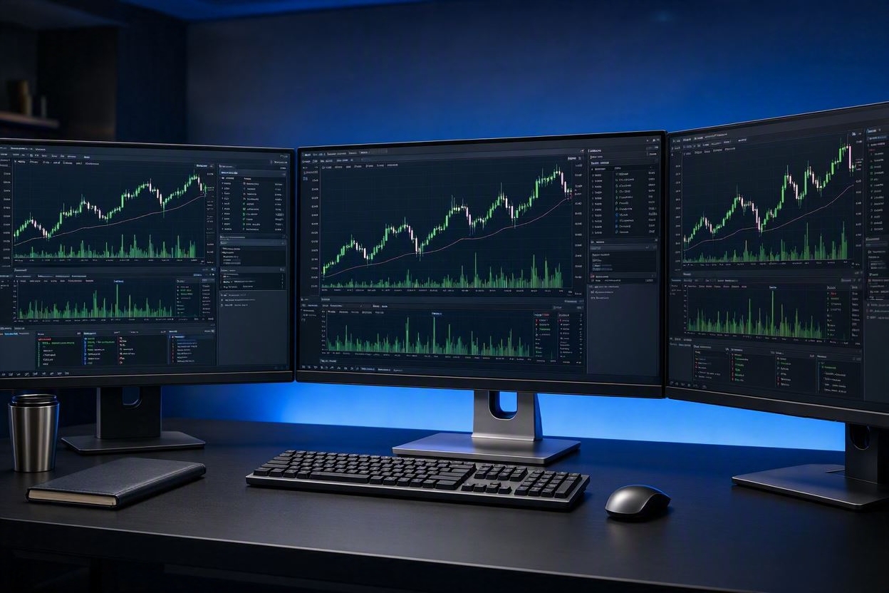 Professional trading setup with multiple monitors showing forex charts and green candlesticks - prop firm trading workspace