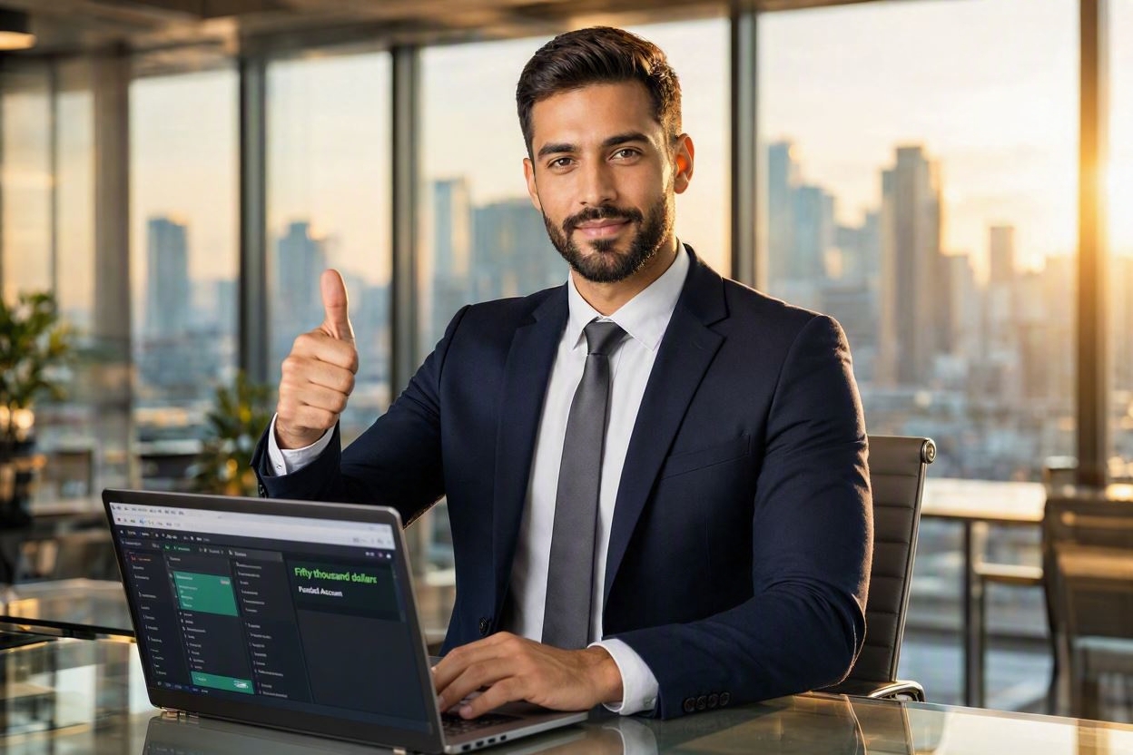 Confident trader showing funded account balance on computer screen - ElitePropX success showcase
